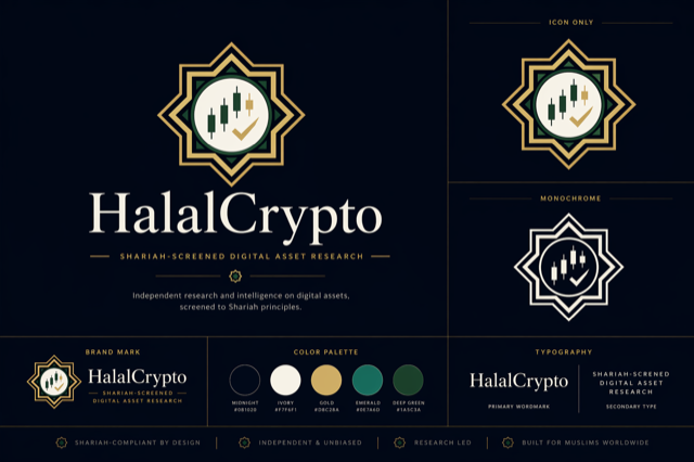 HalalCrypto toolset preview showing brand assets, screening workflow, and investor resources.